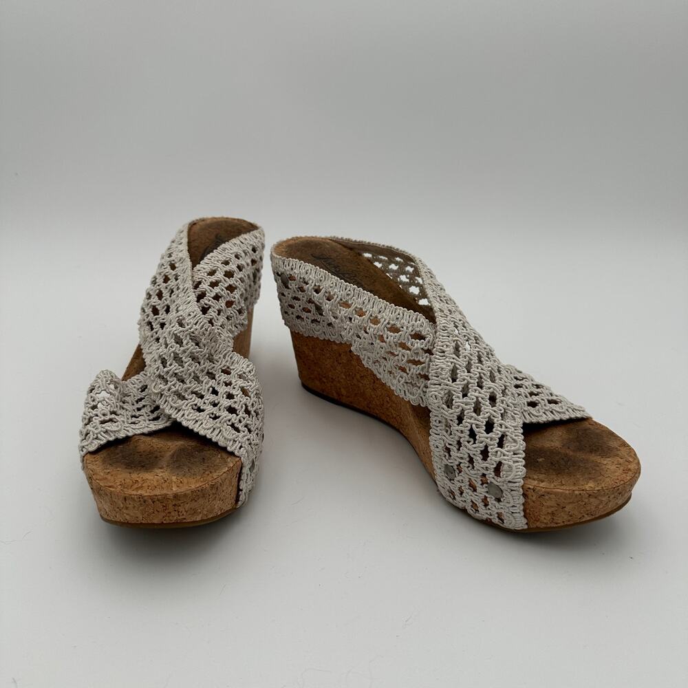 Lucky Brand Macrame Upper Cork Boho Wedge Sandals Womens Size 8.5 Ivory